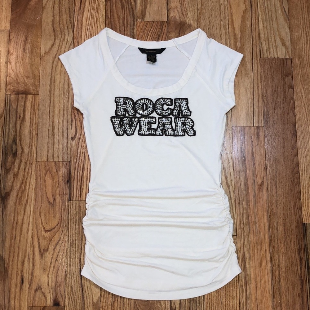 NEW  Rocawear Women's  Rhinestone Knit beige Logo Top sz Small S  Y2K